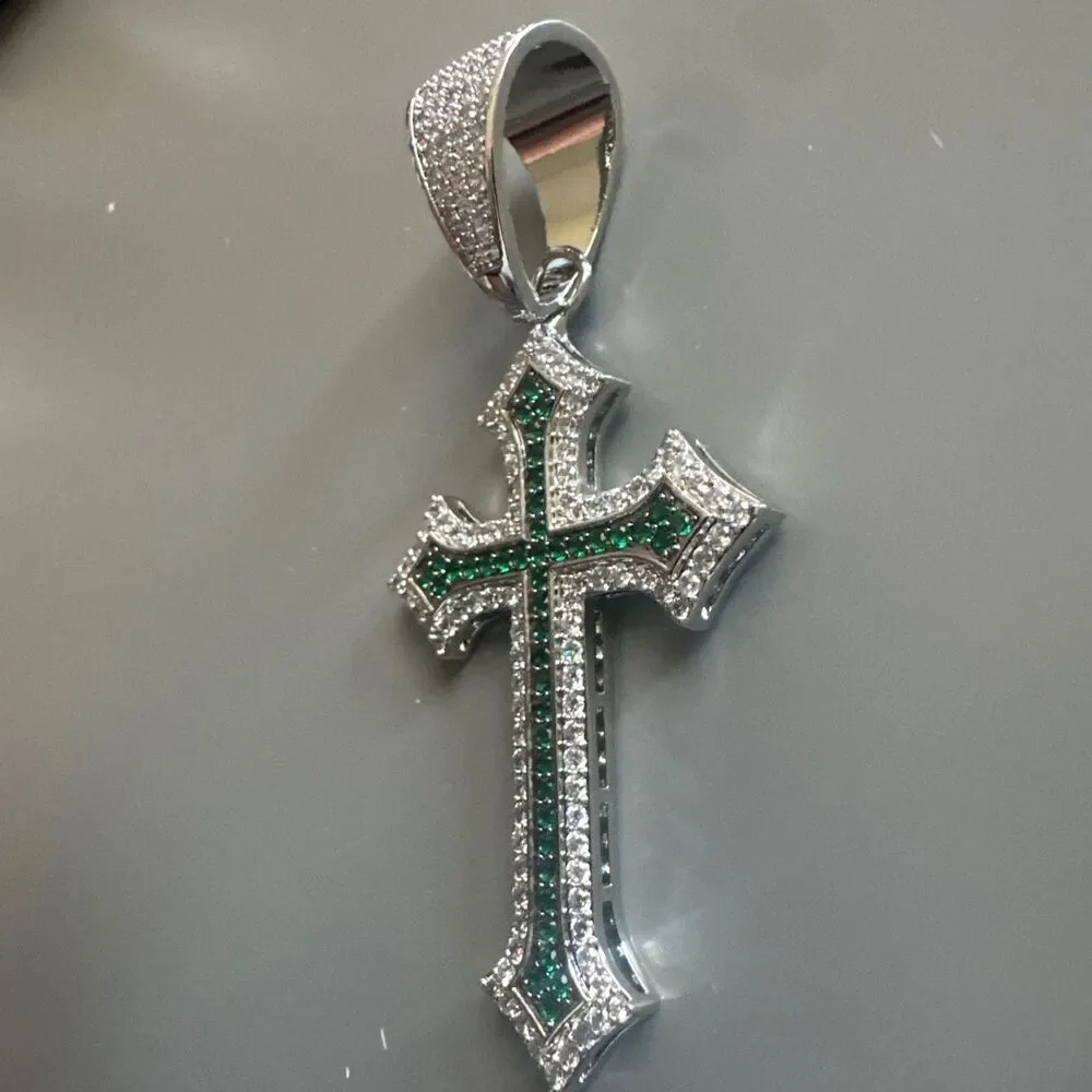 Silver Plated Green Cubic Zirconia Cross Pendant 24 Inch Necklace Unisex Hip Hop